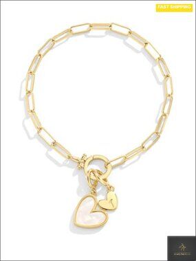Mother of Pearl Initial Heart Charm Bracelet, 18K Gold Plated, Stretch Fit